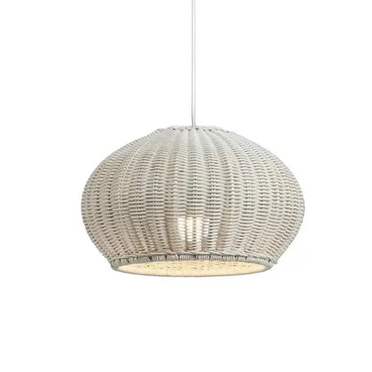 A white woven DecorBites™ rattan weaving pendant light with a rounded basket design for outdoor use