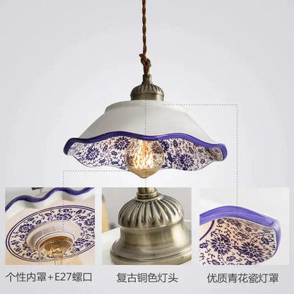Decorbites chinese style porcelain hanging lamp with delicate blue floral patterns and scalloped edge for bedroom use