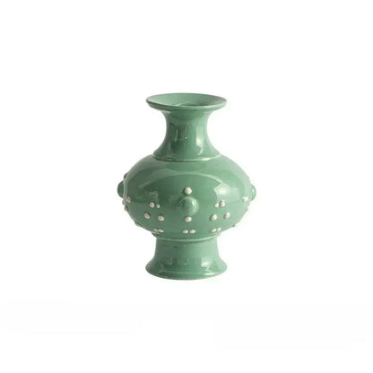 DecorBites™ Chinese-style retro ceramic vase in sage green with white dot embellishments for home decor