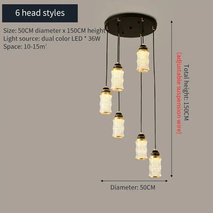 A decorbites™ chinese style spiral staircase chandelier with six etched glass lampshades and warm dual-color led bulbs