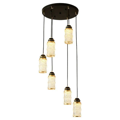 Black circular ceiling fixture with five textured glass pendant lights and gold accents for spiral staircase chandelier