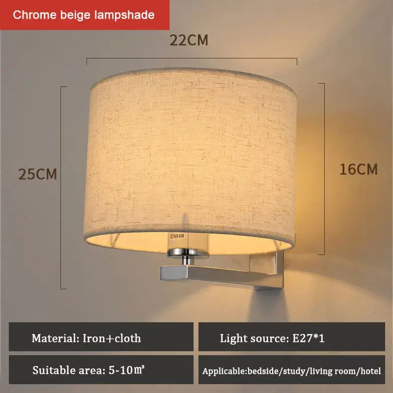 Chrome-finished DecorBites™ wall lamp with beige textured warm cloth cover for bedroom and living room lighting