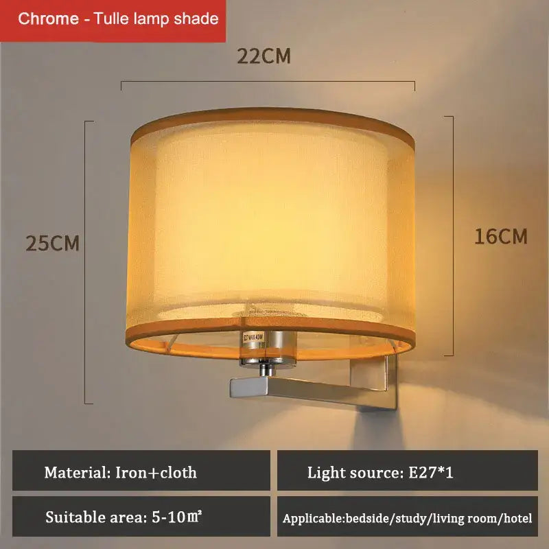 DecorBites™ Chinese style wall lamp with chrome finish warm cloth cover and wooden trim for bedroom living room use