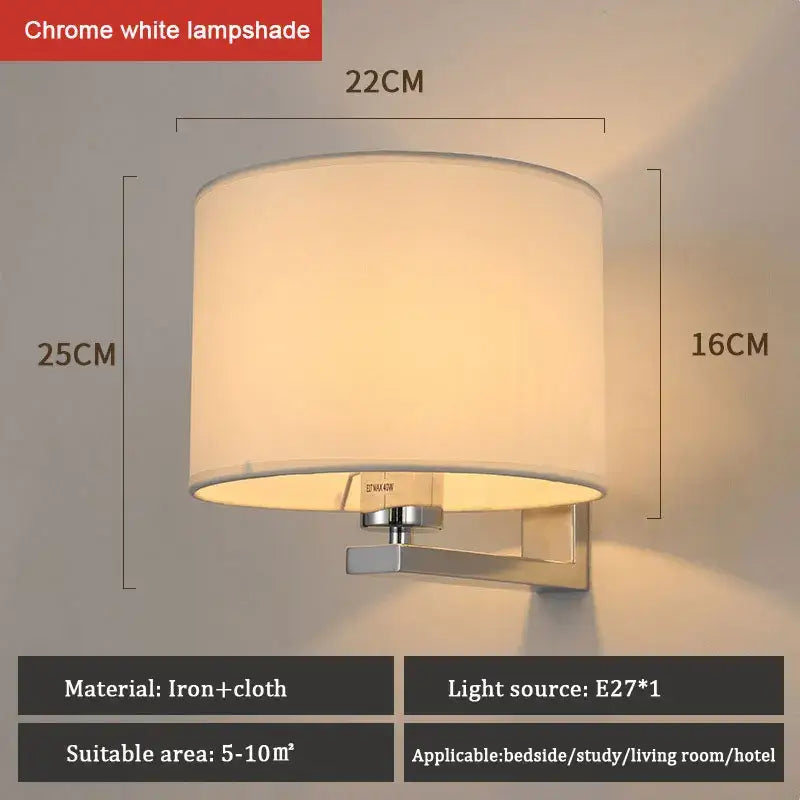 Chrome white wall lamp with warm cloth cover cylindrical iron and cloth shade for bedroom living room use