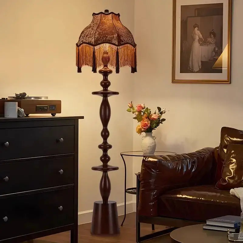 Dark wood floor lamp with lace-patterned fringed shade from decorbites chinese tassels floor collection for warm lighting