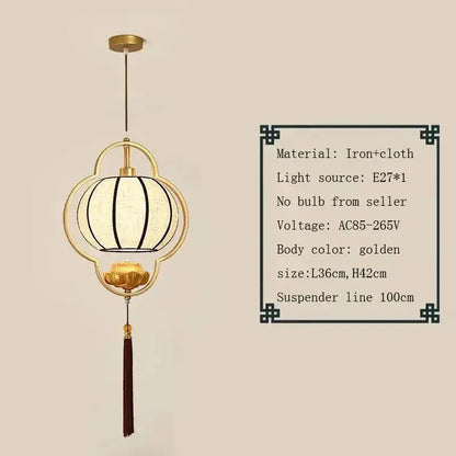 Golden teahouse lantern chandelier with fabric body iron frame and tassel for dining room bedroom and hotel use