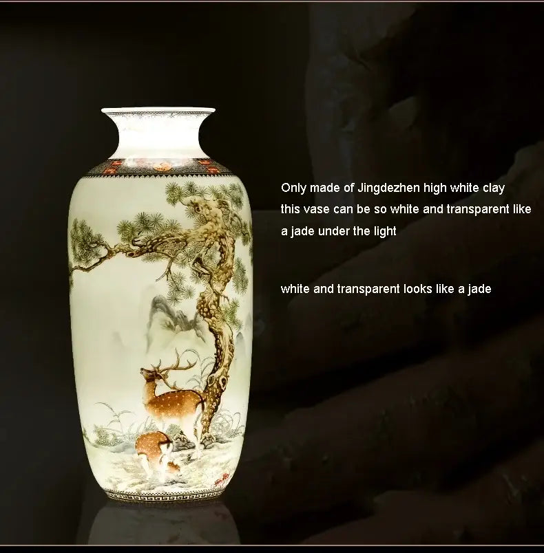 DecorBites™ chinese traditional ceramic vase in translucent high-white clay with deer and pine for home decor