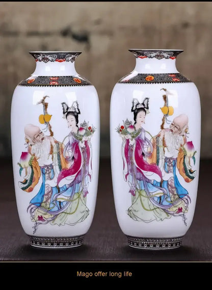 Pair of white DecorBites™ chinese traditional ceramic vases with hand-painted figures for elegant home decor