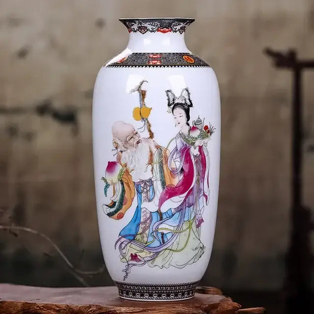 A white porcelain decorbites™ chinese traditional ceramic vase with vibrant hand-painted figures for home decor