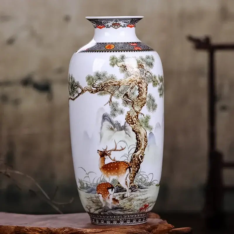 DecorBites™ chinese traditional ceramic vase in white porcelain with hand-painted deer and pine scenes for home decor