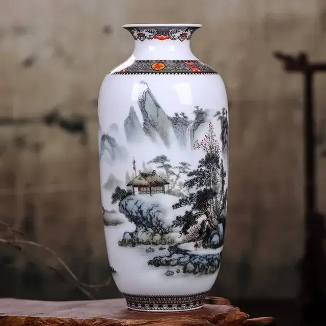 White porcelain DecorBites™ chinese traditional ceramic vase with black and gray ink wash landscape for home decor