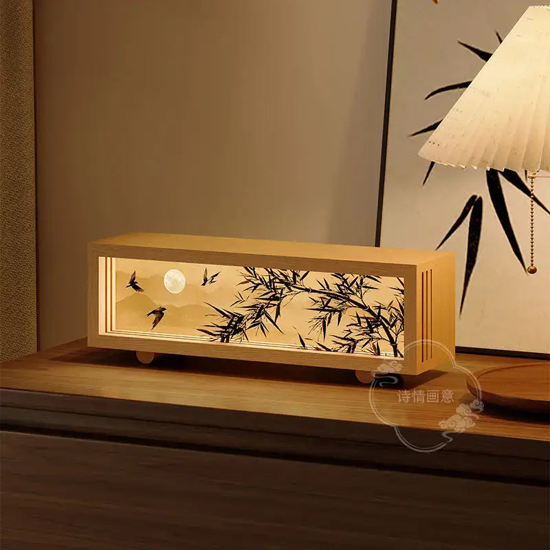 Rectangular wooden decorbites chinese wind night light with glowing lantern design and black ink bamboo decor