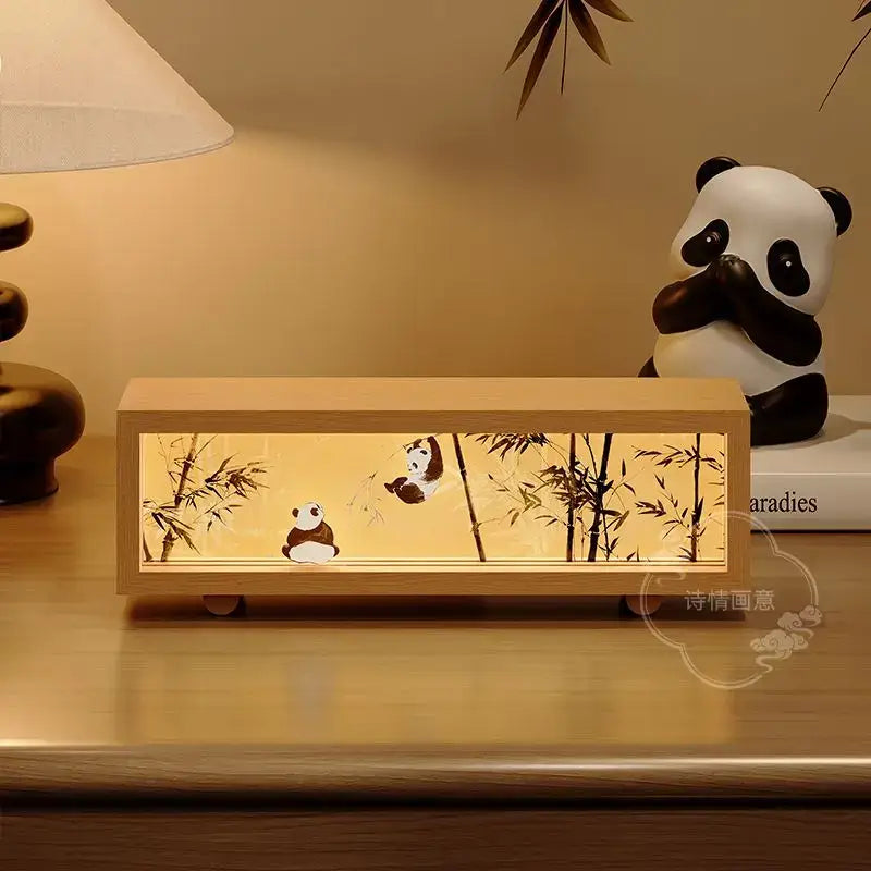 Lighted wooden rectangular decorbites chinese wind lamp featuring a warm glow and pandas among bamboo night light