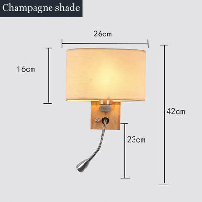 Champagne shade wood led wall lamp with flexible gooseneck reading light for bedroom by decorbites