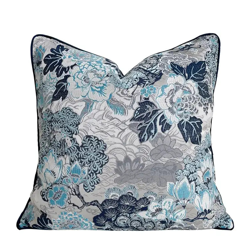 Square decorbites chinoiserie blue peony cushion cover with teal navy floral embroidery on textured fabric for sofa decor