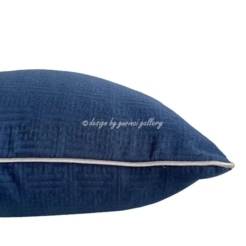 Deep blue cushion cover with subtle woven geometric pattern and light gray piping from decorbites chinoiserie blue peony collection