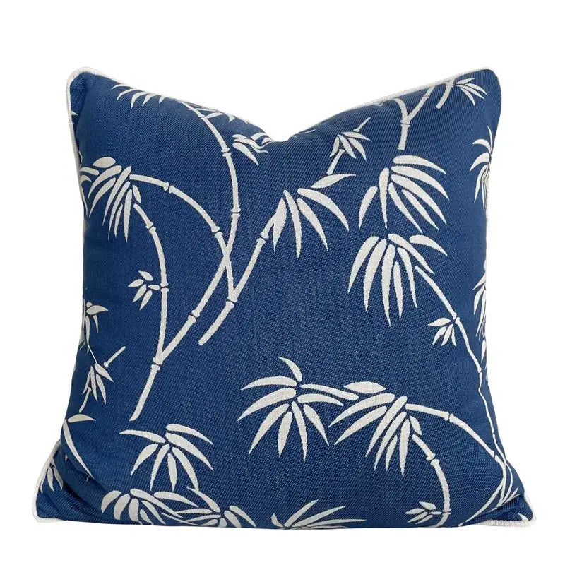 DecorBites Chinoiserie blue peony cushion cover with white bamboo leaf pattern in jacquard fabric for sofa decor