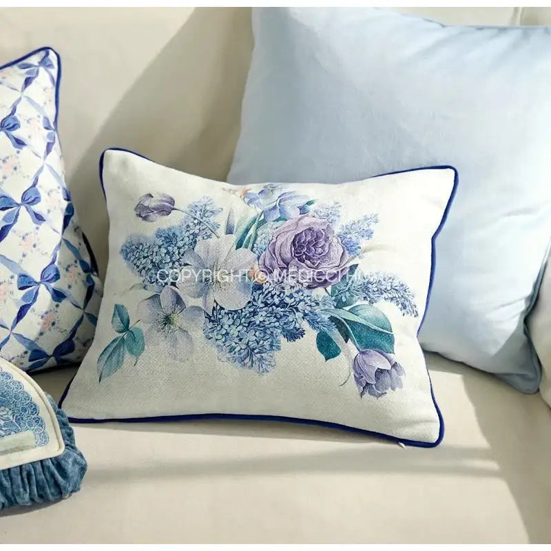 Rectangular DecorBites chinoiserie blue wavy fan lumbar cushion cover with floral design on cream fabric and navy piping