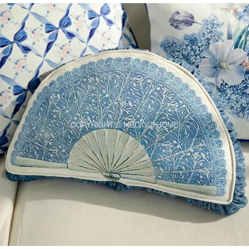Decorbites chinoiserie blue wavy fan pillowcase featuring embroidered blue and white lace-like pattern cushion cover