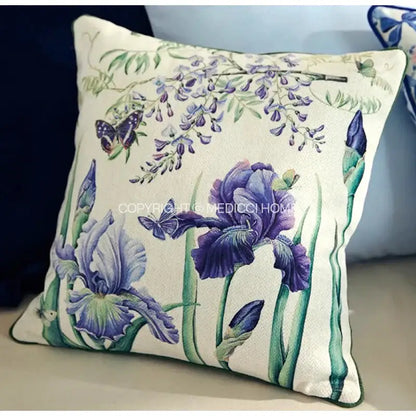 A cream-colored decorbites chinoiserie blue wavy fan lumbar cushion cover with botanical irises and butterflies print
