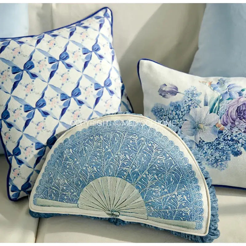 Decorbites chinoiserie blue wavy fan pillowcase featuring blue and white embroidered floral patterns with scalloped edge
