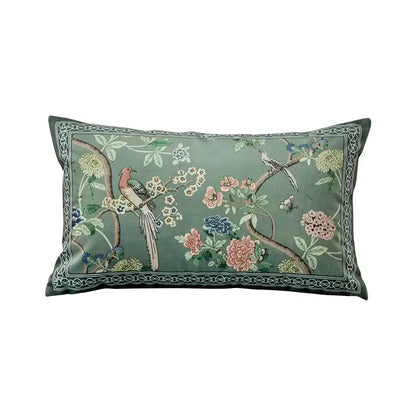 A decorbites chinoiserie courtyard rectangular lumbar pillow case with sage green fabric and embroidered bird and flowers print