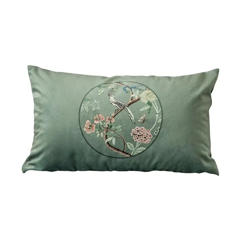 Rectangular sage green velvet decorbites chinoiserie courtyard pillow with embroidered bird and flowers print lumbar design