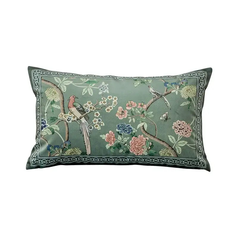 Rectangular sage green decorbites chinoiserie courtyard bird and flowers print lumbar pillow case with embroidered design