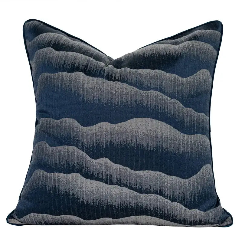 Square navy blue decorbites chinoiserie decor throw pillow cover with textured wavy gray patterns 45x45cm