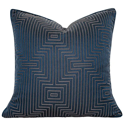Deep blue velvet pillow cover with gray geometric maze pattern decorbites chinoiserie decor throw for living room