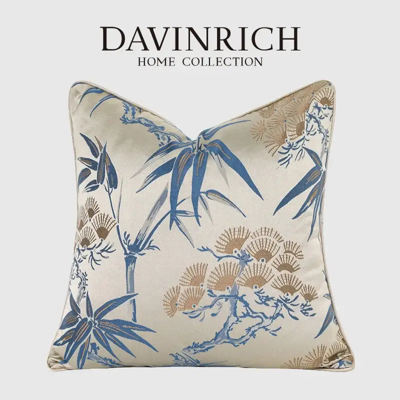 Cream-colored satin pillow cover with blue and gold bamboo fan motifs from decorbites chinoiserie decor throw collection