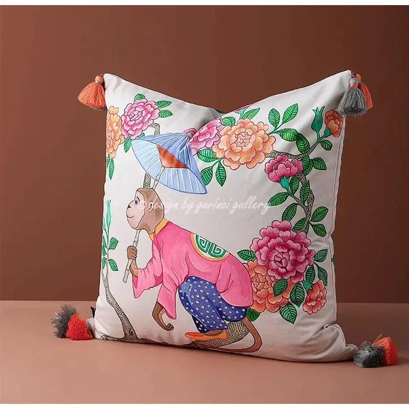 Decorbites chinoiserie monkey decorative pillow with monkey umbrella peonies on cream fabric and colorful tassels