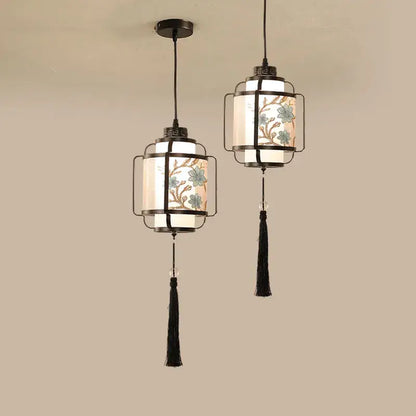 Black-framed decorbites chinoiserie retro chandelier with blue floral embroidery and black tassels for study and dining room lighting