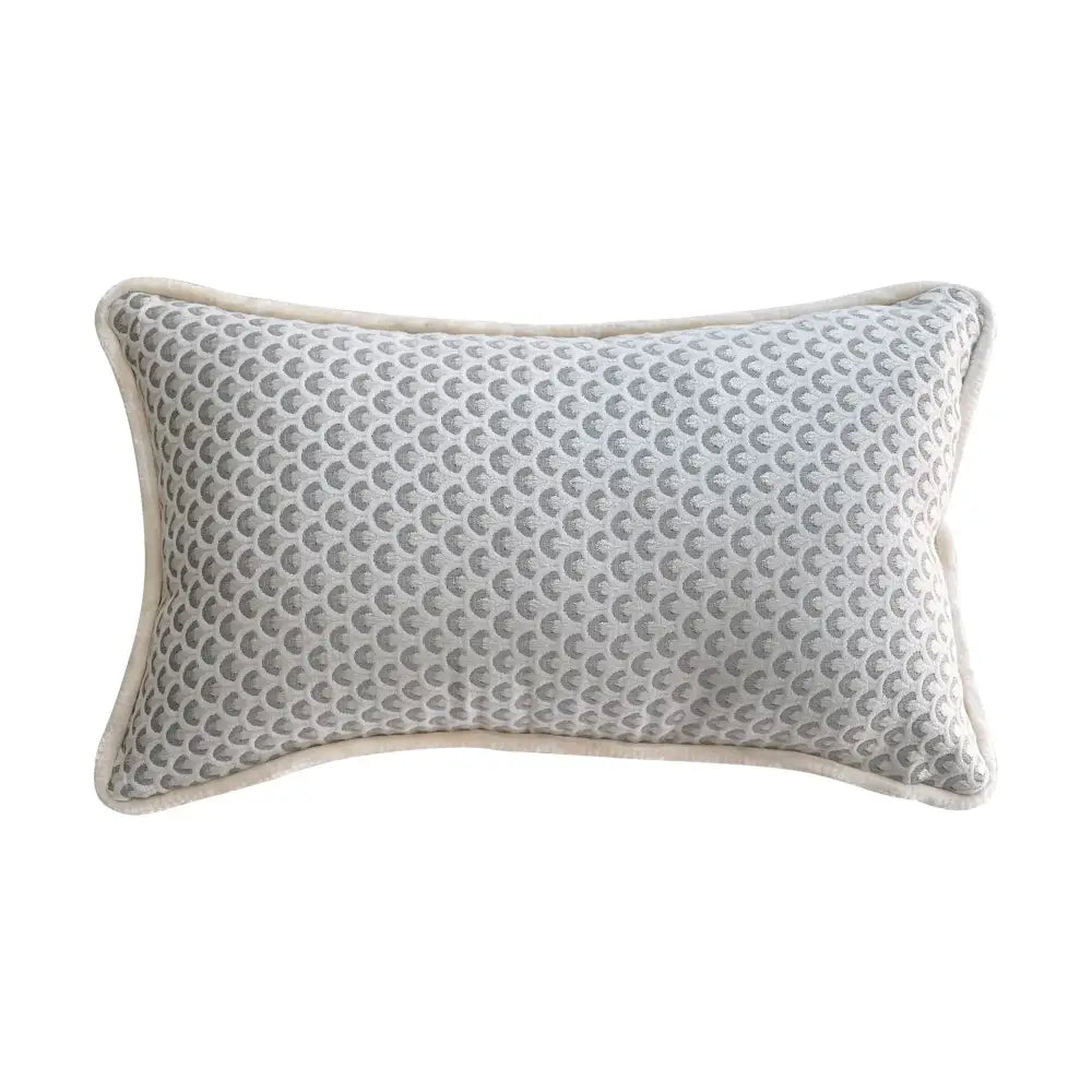 Decorbites™ chinoiserie sunset glow landscape accent cushion cover in light gray fabric with embossed dark gray scalloped pattern and cream piping