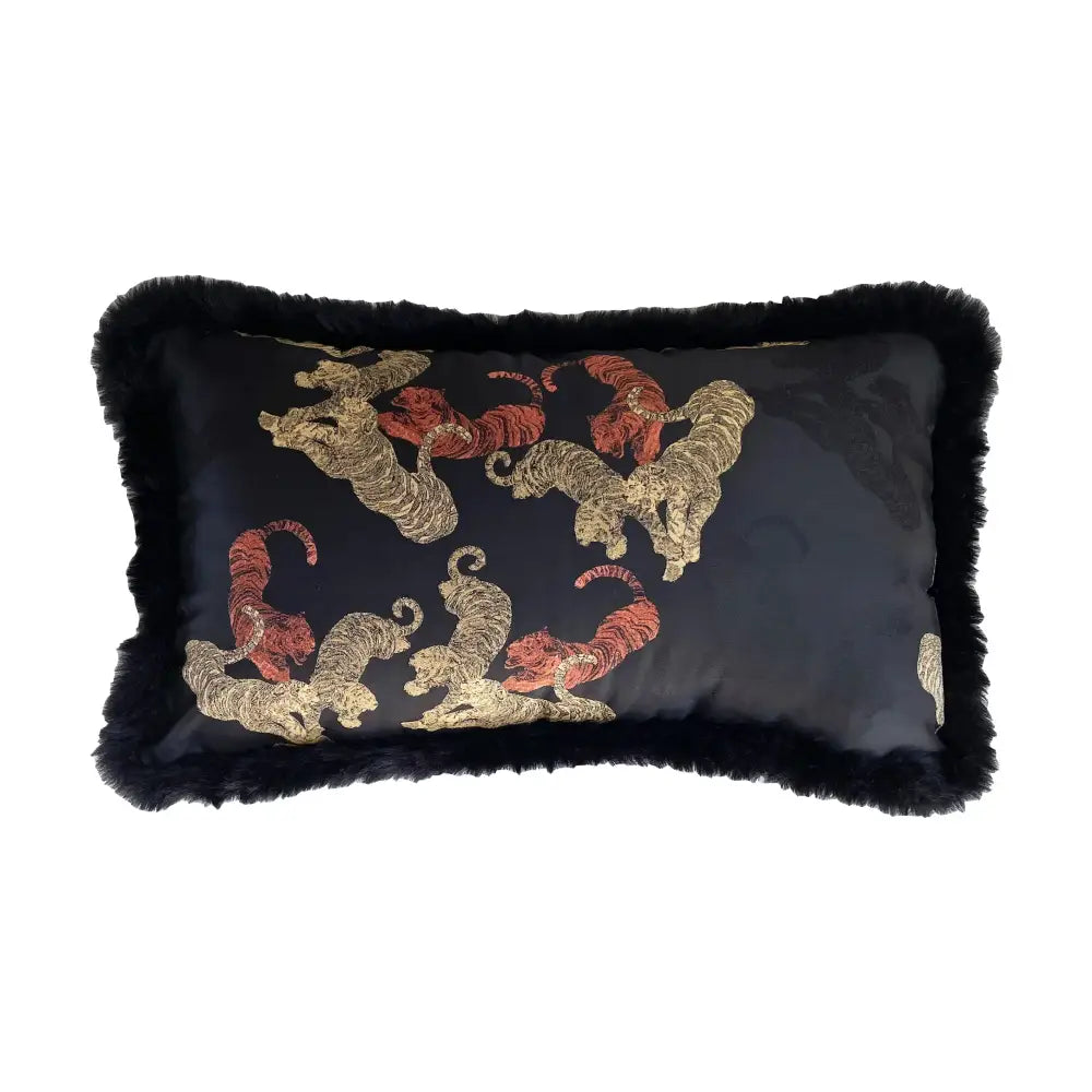 Black rectangular DecorBites™ accent cushion cover with plush fringed edge and gold red tiger embroidery
