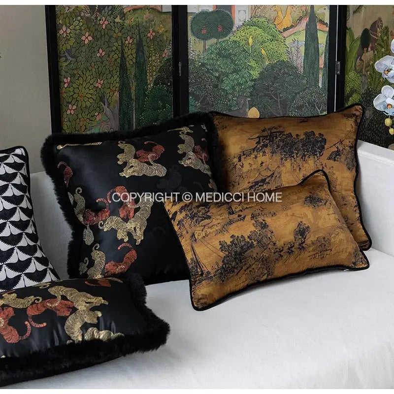 Elegant black and gold embroidered DecorBites™ accent cushion cover with faux fur trim featuring tiger and landscape motifs