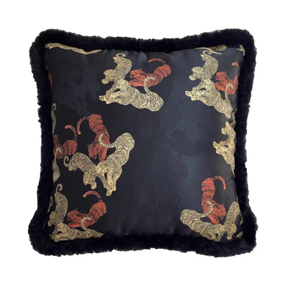 Decorbites chinoiserie sunset glow accent cushion cover black with gold and red embroidered tigers and plush fringe