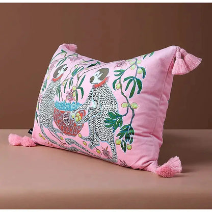 Pink velvet pillow cover with embroidered spotted monkeys and tassels by decorbites chinoiserie velvet lumbar 30x50cm