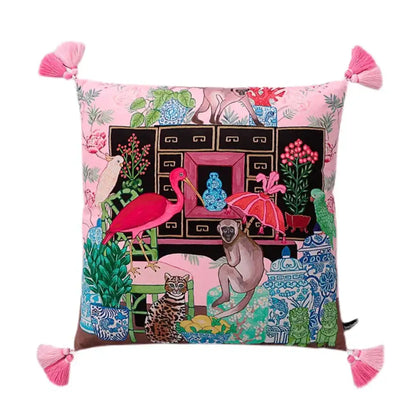 Pink cushion with vibrant embroidered animals plants and furniture in decorbites chinoiserie velvet lumbar pillow cover