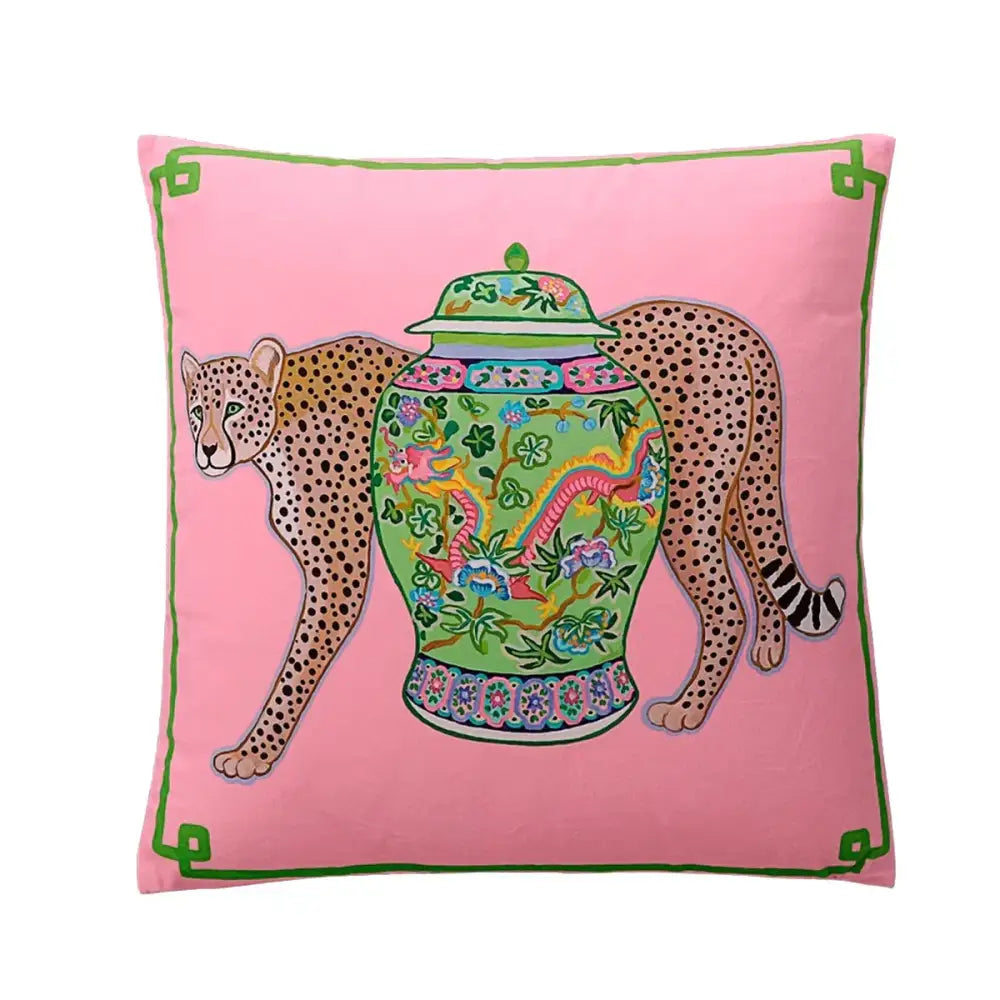 Pink cushion cover featuring a green porcelain jar with floral dragon motifs and cheetahs on the decorbites chinoiserie zebra peonies cushion cover