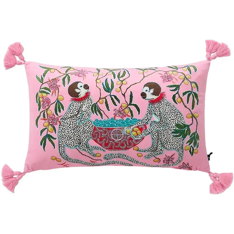 Pink rectangular cushion cover with embroidered spotted monkeys under tree and matching tassels by decorbites chinoiserie zebra peonies cushion cover