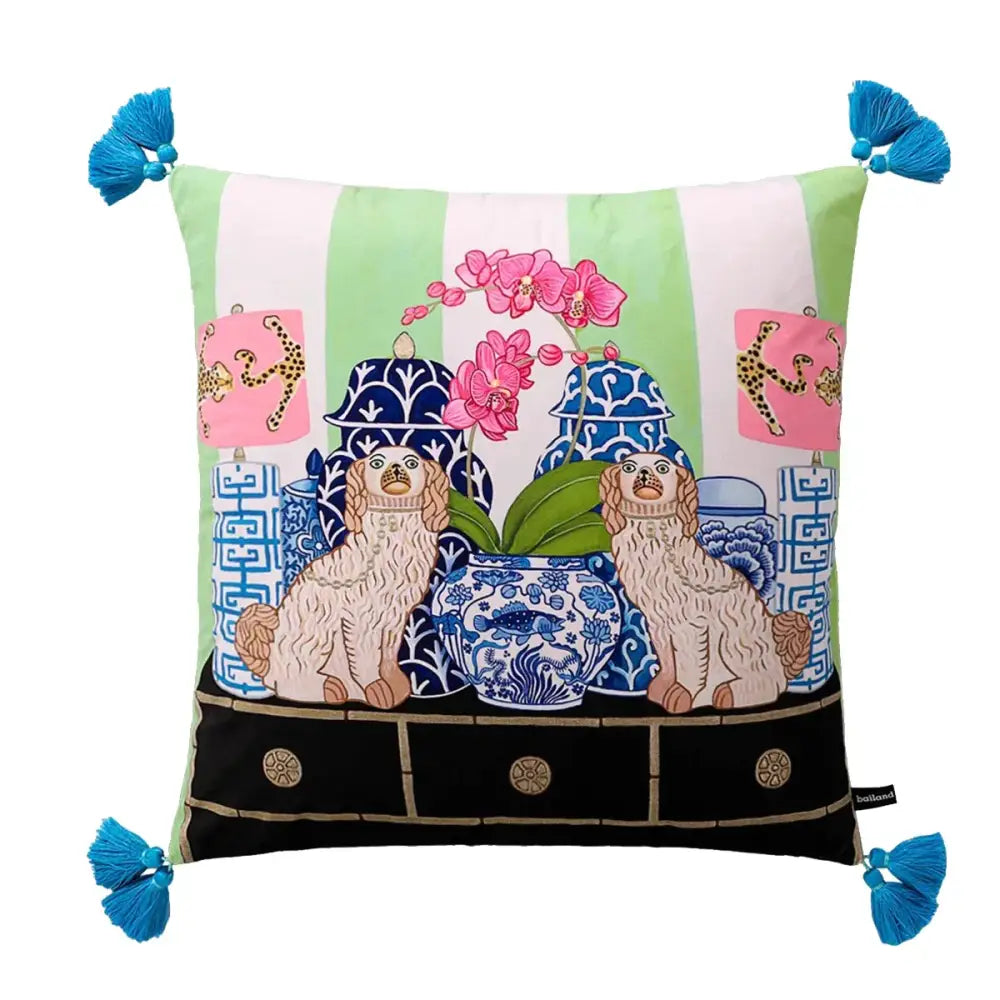 DecorBites chinoiserie zebra peonies cushion cover with vibrant fluffy dog design and turquoise tassels on green stripes