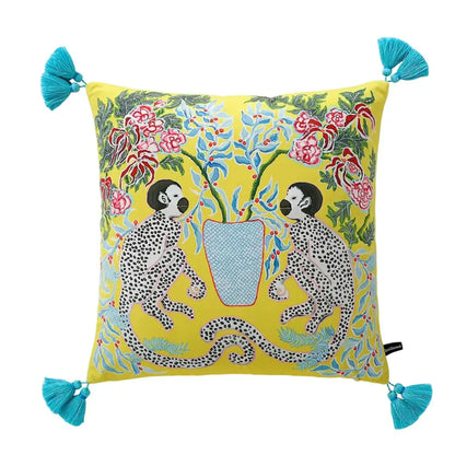 Vibrant yellow decorbites chinoiserie zebra peonies cushion cover with embroidered monkeys blue vase and turquoise tassels