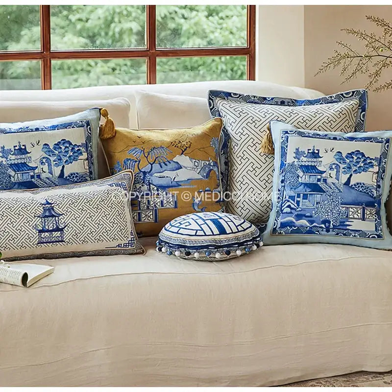 Set of decorbites™ chintz blue cobalt circular throw pillow covers with tassels featuring porcelain-inspired patterns
