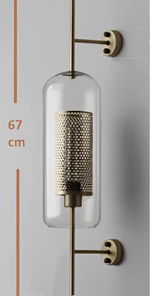 DecorBites™ Chiswick glass wall light sconce with clear glass cylinder and brass mesh shade for vintage home décor