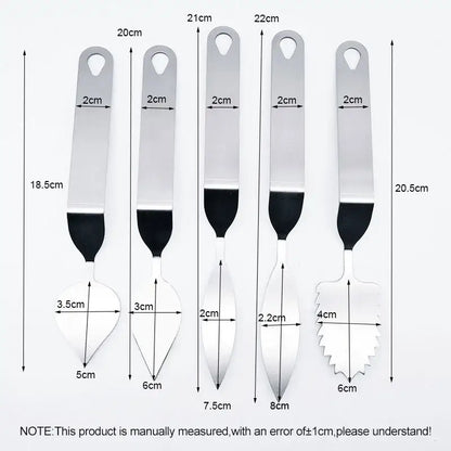 Set of five stainless steel decorbites chocolate leaf knife fondant tools with black silicone handles and varying blade shapes
