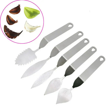 Set of five stainless steel garlic peeling tools with black handles featured in decorbites chocolate leaf knife fondant tool set