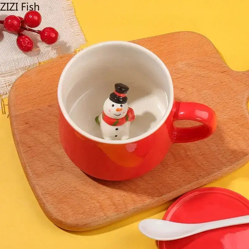 Red porcelain christmas animals ceramic tea cup with a white interior featuring a snowman figurine inside