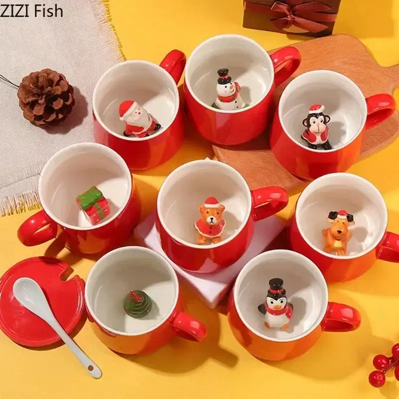 Red porcelain mugs from decorbites™ christmas animals ceramic tea cup set featuring white interiors and small christmas figurines