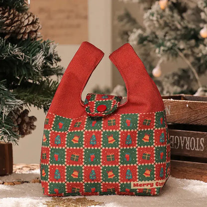 Red and green christmas themed fabric gift bag with tree bell and gift patterns decorbites christmas apple handheld